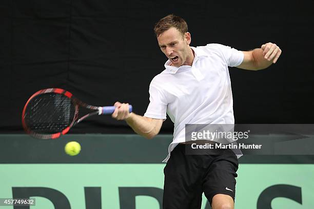 Michael Venus of New Zealand in action in his match against Chieh-Fu Wang of Chinese Taipaei during day one of the Davis Cup tie between New Zealand...