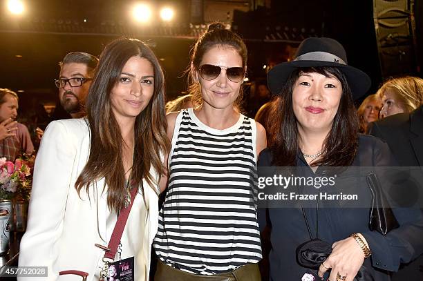 Model Camila Alves, actress Katie Holmes and stylist Jeanne Yang attend Power of Pink 2014 Benefiting the Cancer Prevention Program at Saint John's...