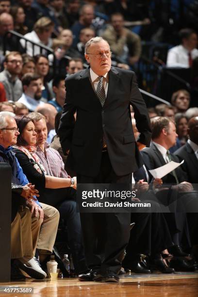 Rick Adelman of the Minnesota Timberwolves looks on during the game against the Portland Trail Blazers on December 18, 2013 at Target Center in...