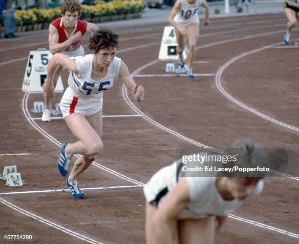 English sprinter and eventual silver medallist Ann Packer of Great Britain at the start of the Women's 400 metres event during the 1964 Summer...