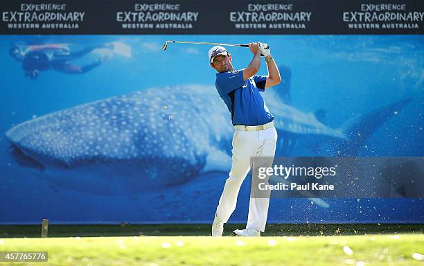 Peter Whiteford of Scotland tees off on the 5th hole during day two of the Perth International at Lake Karrinyup Country Club on October 24, 2014 in...