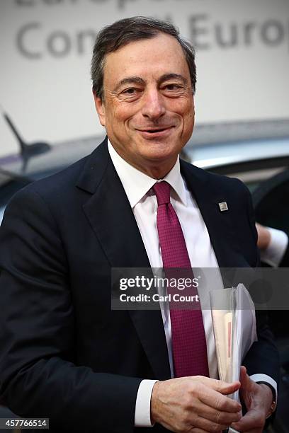 Mario Draghi, the President of the European Central Bank, arrives at the headquarters of the Council of the European Union on the second day of a...