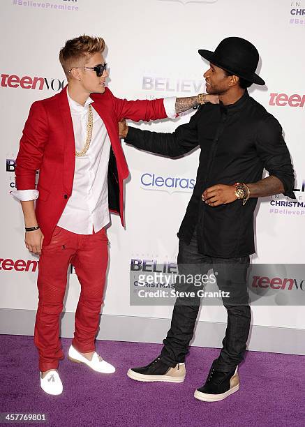 Producer/singer Justin Bieber and producer/singer Usher attend "Justin Bieber's Believe" world premiere at Regal Cinemas L.A. Live on December 18,...