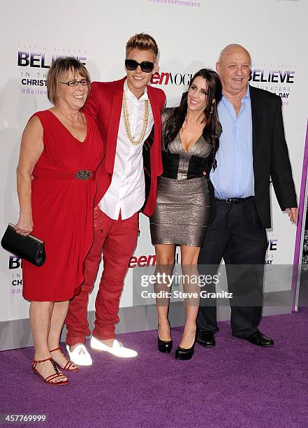 Diane Dale, Producer/singer Justin Bieber, Pattie Mallette and Bruce Dale attend "Justin Bieber's Believe" world premiere at Regal Cinemas L.A. Live...