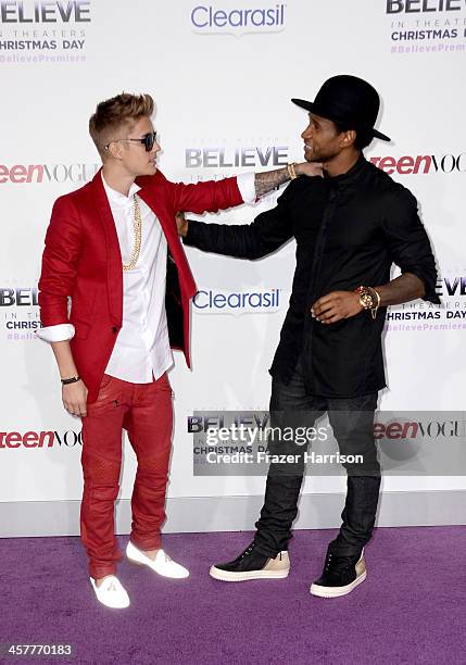 Singer/producer Justin Bieber and producer Usher arrive at the premiere of Open Road Films' "Justin Bieber's Believe" at Regal Cinemas L.A. Live on...