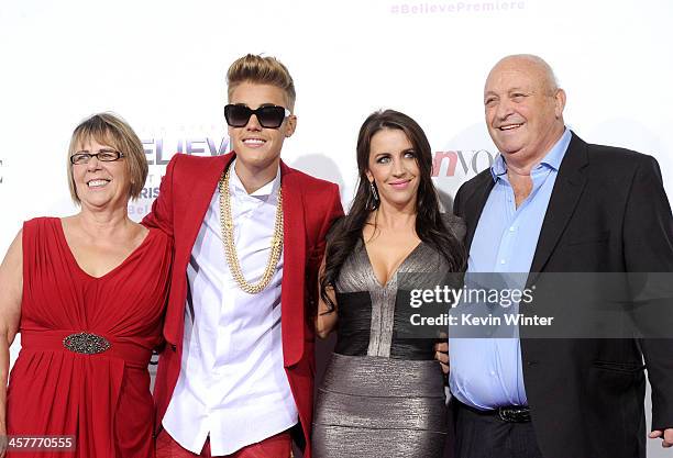 Diane Dale, singer/producer Justin Bieber, Pattie Mallette and Bruce Dale arrive at the premiere Of Open Road Films' "Justin Bieber's Believe" at...