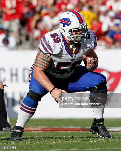 Left guard Doug Legursky of the Buffalo Bills during the game against the Tampa Bay Buccaneers at Raymond James Stadium on December 8, 2013 in Tampa,...