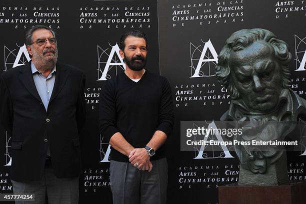 Enrique Gonzalez Macho and Antonio Banderas attend a photocall as the Spanish Cinema Academy announced Antonio Banderas to be the winner of the...