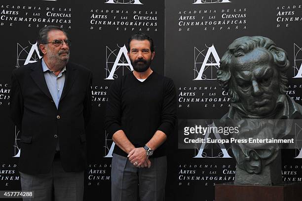 Enrique Gonzalez Macho and Antonio Banderas attend a photocall as the Spanish Cinema Academy announced Antonio Banderas to be the winner of the...