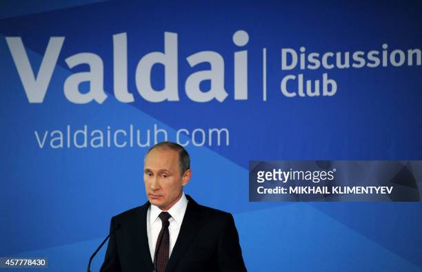 Russian President Vladimir Putin speaks on October 24, 2014 at a meeting of members of the Valdai International Discussion Club members in the...