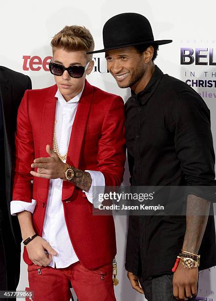 Singer/producer Justin Bieber and producer Usher attend the premiere of Open Road Films' "Justin Bieber's Believe" at Regal Cinemas L.A. Live on...