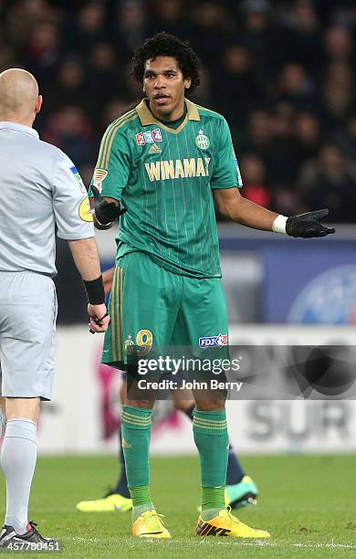 Brandao of Saint-Etienne contest the referee during the french Ligue Cup match between Paris Saint-Germain FC and AS Saint-Etienne, ASSE, at the Parc...