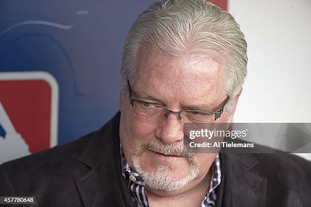 World Series: Closeup of San Francisco Giants general manager Brian Sabean in dugout before game vs Kansas City Royals at Kauffmann Stadium. Game 2....