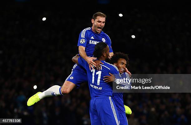 Didier Drogba of Chelsea celebrates with Willian and Branislav Ivanovic of Chelsea during the UEFA Champions League between Chelsea FC and NK Maribor...