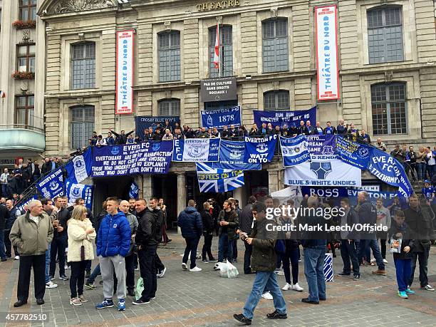 Everton fans congregate in the main square in Lille during the UEFA Europa League match between LOSC Lille and Everton FC at the Grand Stade Lille...