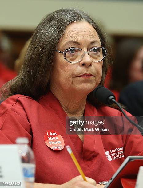 Deborah Burger, co-president of National Nurses Unitedm appears before the House Oversight and Government Reform Committee hearing on Capitol Hill,...