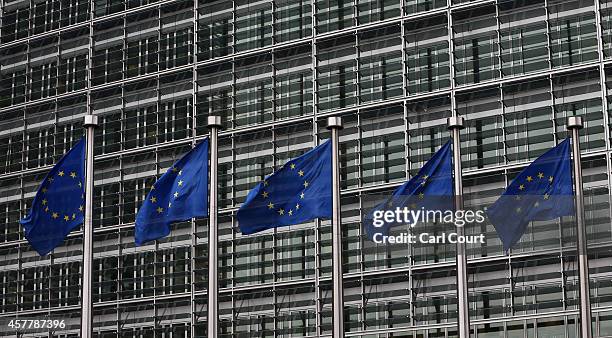 European Union flags are pictured outside the European Commission building on October 24, 2014 in Brussels, Belgium. Alongside criticism from...