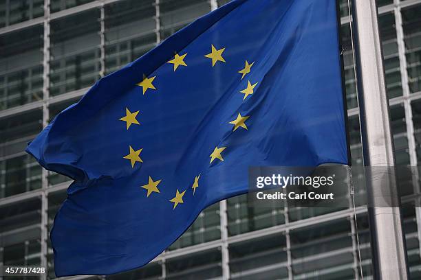 European Union flags are pictured outside the European Commission building on October 24, 2014 in Brussels, Belgium. Alongside criticism from...