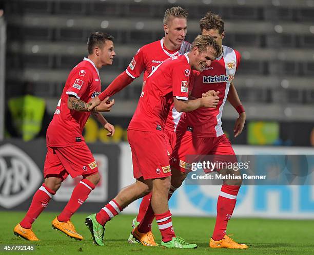 Christopher Quiring, Sebastian Polter, Soeren Brandy and Maximilian Thiel of 1 FC Union Berlin celebrate after scoring the 1:2 during the game...