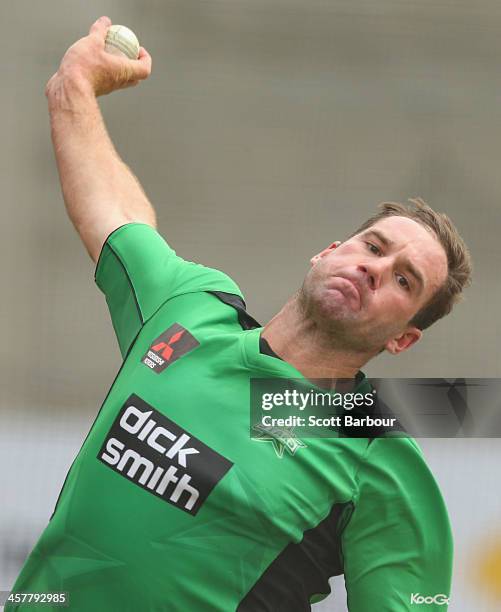 John Hastings of the Stars bowls during a Melbourne Stars Big Bash League training session at the Melbourne Cricket Ground on December 19, 2013 in...