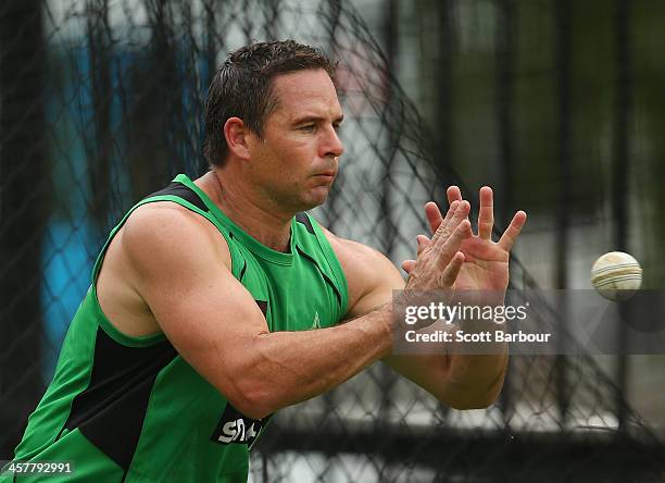 Brad Hodge of the Stars catches the ball during a Melbourne Stars Big Bash League training session at the Melbourne Cricket Ground on December 19,...