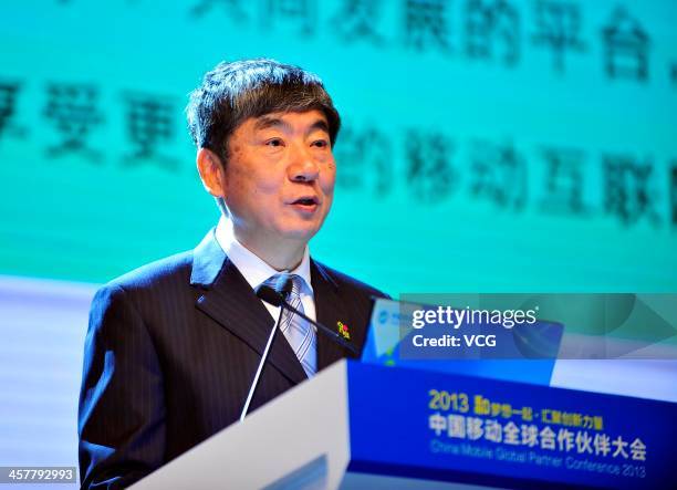 Xi Guohua, Chairman of China Mobile Limited, speaks during the China Mobile Global Partner Conference 2013 at Poly World Trade Center on December 18,...