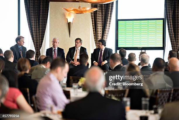 Attendees listen during a Bloomberg Sports breakfast event featuring a panel discussion with Bryan Gruley, reporter for Bloomberg News, from left,...