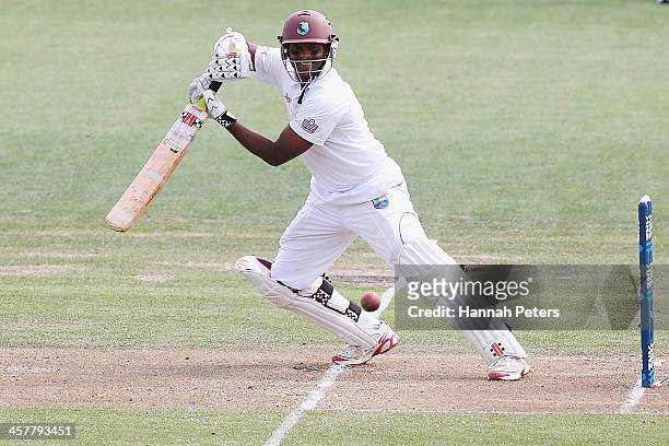 Shivnarine Chanderpaul of the West Indies cuts the ball away for four runs during day one of the Third Test match between New Zealand and the West...