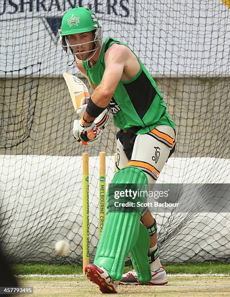 Glenn Maxwell of the Stars bats during a Melbourne Stars Big Bash League training session at the Melbourne Cricket Ground on December 19, 2013 in...