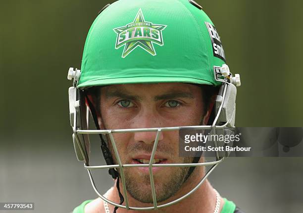 Glenn Maxwell of the Stars looks on during a Melbourne Stars Big Bash League training session at the Melbourne Cricket Ground on December 19, 2013 in...