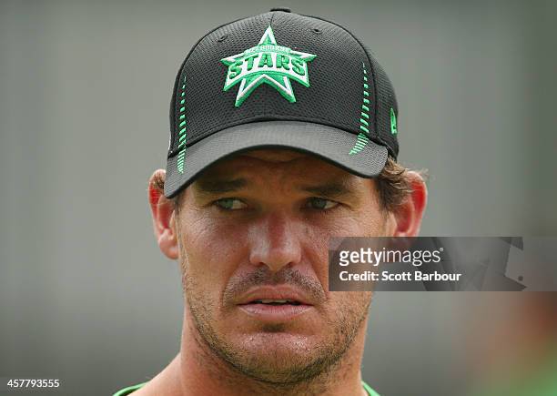 Clint McKay of the Stars looks on during a Melbourne Stars Big Bash League training session at the Melbourne Cricket Ground on December 19, 2013 in...
