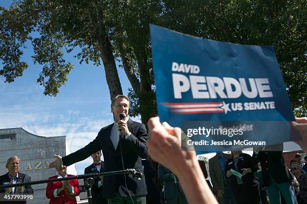 Georgia Senate candidate David Perdue addresses the audience gathered at the McDonough Square as he makes a campaign stop with Sen. Rand Paul and...