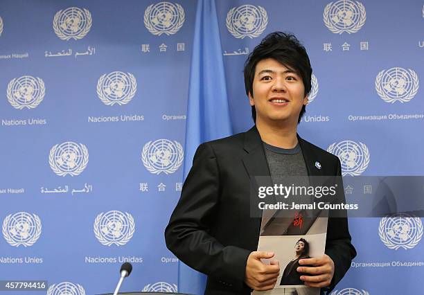 Musician and UN Messenger for Peace Lang Lang arrives at a press conference in advance of the United Nations Concert in honor of United Nations Day...