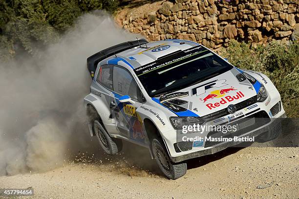 Sebastien Ogier of France and Julien Ingrassia of France compete in their Volkswagen Motorsport Volkswagen Polo R WRC during Day One of the WRC Spain...