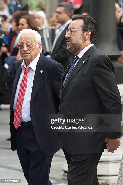 Padre Angel and ONCE President Miguel Carballeda attend the Principe de Asturias Awards 2014 ceremony at the Campoamor Theater on October 24, 2014 in...