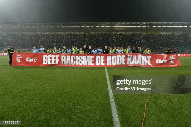 Geef racisme de rode kaart during the Dutch Eredivisie match between ADO Den Haag and FC Dordrecht at Kyocera stadium on october 24, 2014 in The...