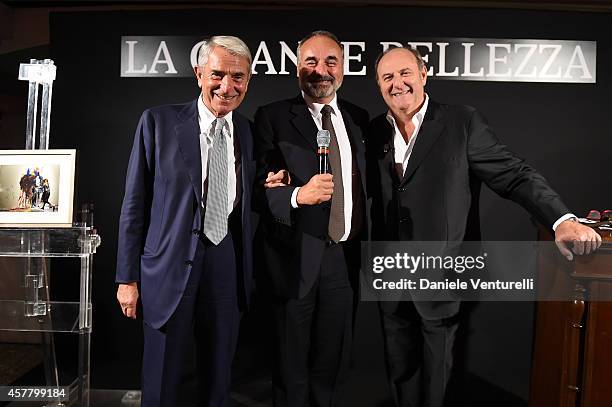 Carlo Rossella, Maurizio Montecucco and Gerry Scotti attend the Gala Dinner 'La Grande Bellezza' during the 9th Rome Film Festival on October 24,...