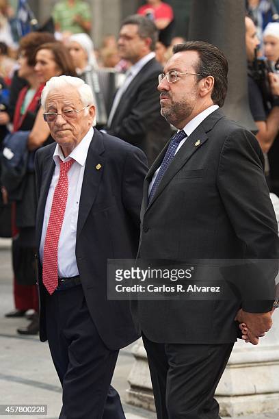 Padre Angel and ONCE President Miguel Carballeda attend the Principe de Asturias Awards 2014 ceremony at the Campoamor Theater on October 24, 2014 in...