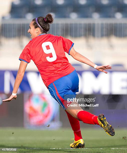 Carolina Venegas of Costa Rica reacts after scoring a goal in the first half against Trinidad & Tobago in the 2014 CONCACAF Women's Championship...