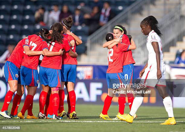 The Costa Rica team reacts after Carolina Venegas scored a goal in the first half against Trinidad & Tobago in the 2014 CONCACAF Women's Championship...