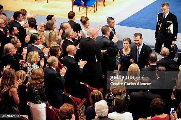 King Felipe VI of Spain and Queen Letizia of Spain attend the Principe de Asturias Awards 2014 ceremony at the Campoamor Theater on October 24, 2014...