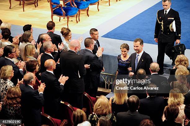 King Felipe VI of Spain and Queen Letizia of Spain attend the Principe de Asturias Awards 2014 ceremony at the Campoamor Theater on October 24, 2014...