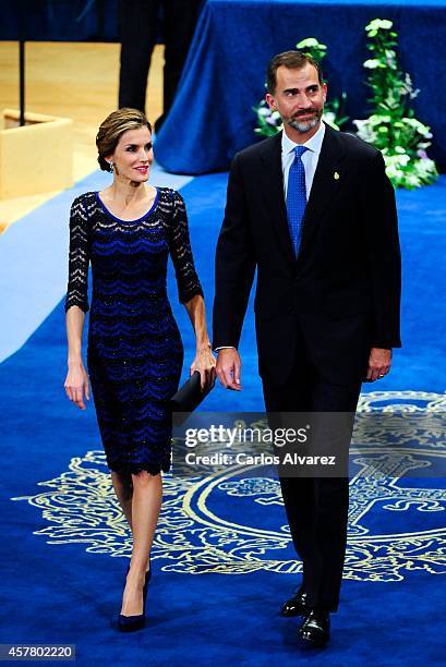 King Felipe VI of Spain and Queen Letizia of Spain attend the Principe de Asturias Awards 2014 ceremony at the Campoamor Theater on October 24, 2014...