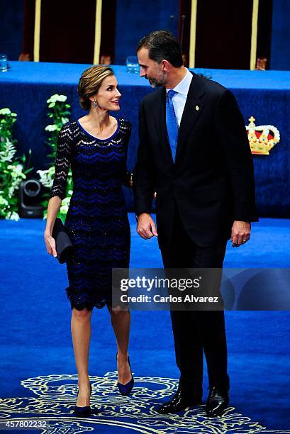 King Felipe VI of Spain and Queen Letizia of Spain attend the Principe de Asturias Awards 2014 ceremony at the Campoamor Theater on October 24, 2014...