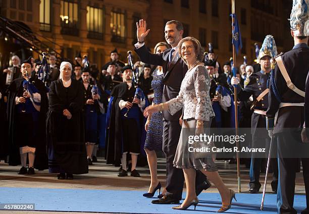 King Felipe VI of Spain , Queen Letizia of Spain and Queen Sofia of Spain attend the Principe de Asturias Awards 2014 ceremony at the Campoamor...