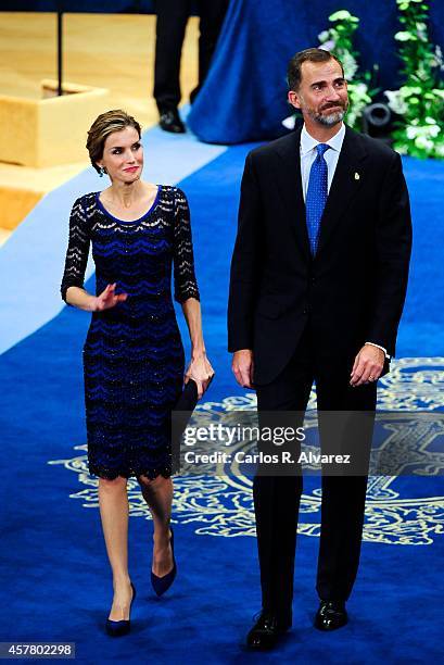 King Felipe VI of Spain and Queen Letizia of Spain attend the Principe de Asturias Awards 2014 ceremony at the Campoamor Theater on October 24, 2014...