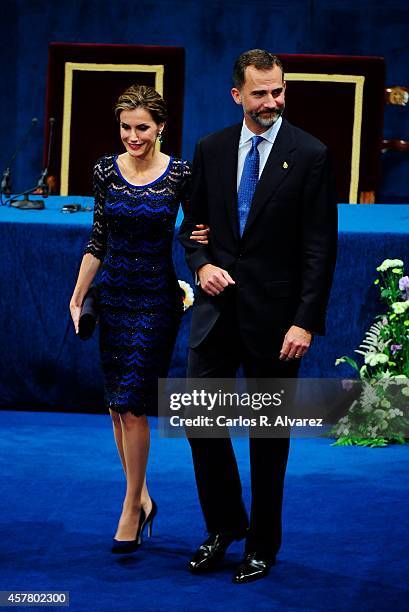 King Felipe VI of Spain and Queen Letizia of Spain attend the Principe de Asturias Awards 2014 ceremony at the Campoamor Theater on October 24, 2014...