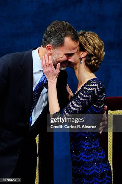 King Felipe VI of Spain and Queen Letizia of Spain attend the Principe de Asturias Awards 2014 ceremony at the Campoamor Theater on October 24, 2014...