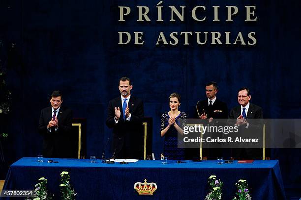 King Felipe VI of Spain and Queen Letizia of Spain attend the Principe de Asturias Awards 2014 ceremony at the Campoamor Theater on October 24, 2014...