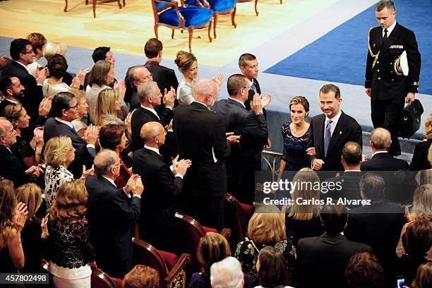 King Felipe VI of Spain and Queen Letizia of Spain attend the Principe de Asturias Awards 2014 ceremony at the Campoamor Theater on October 24, 2014...